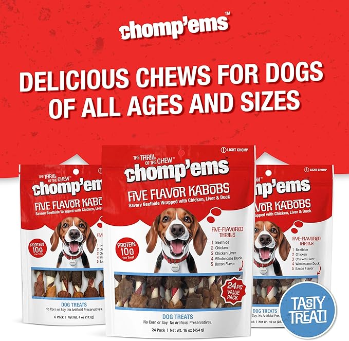 CHOMP 'EMS Five Flavor Kabobs Dog Treats - Beefhide Chewstick - High Protein Dog Chews, 15 Count