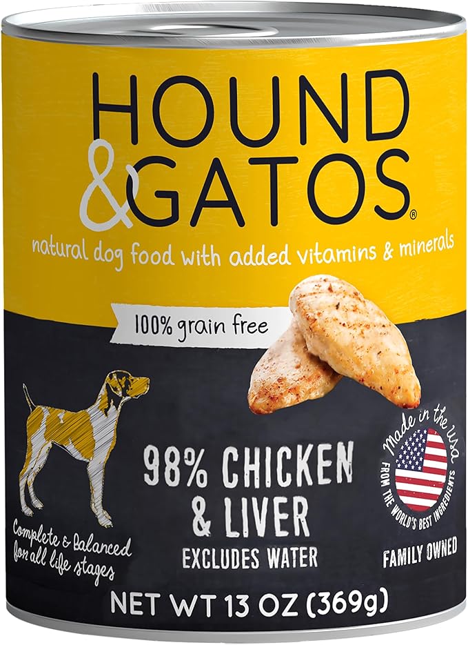 Hound & Gatos Wet Dog Food, 98% Real Meat, Single Protein Chicken Recipe, High Protein, Supports Digestive Health, Limited Ingredients, Grain Free, 13 oz. Cans (Pack of 12)