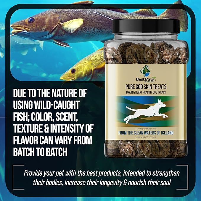 Best Paw Nutrition Wild Caught Fish Treats Icelandic Pure Cod Skins Reward Protein Snacks Rich in EPA & DHA K9 Brain Heart Skin & Coat Health Crunchy Dental Treats