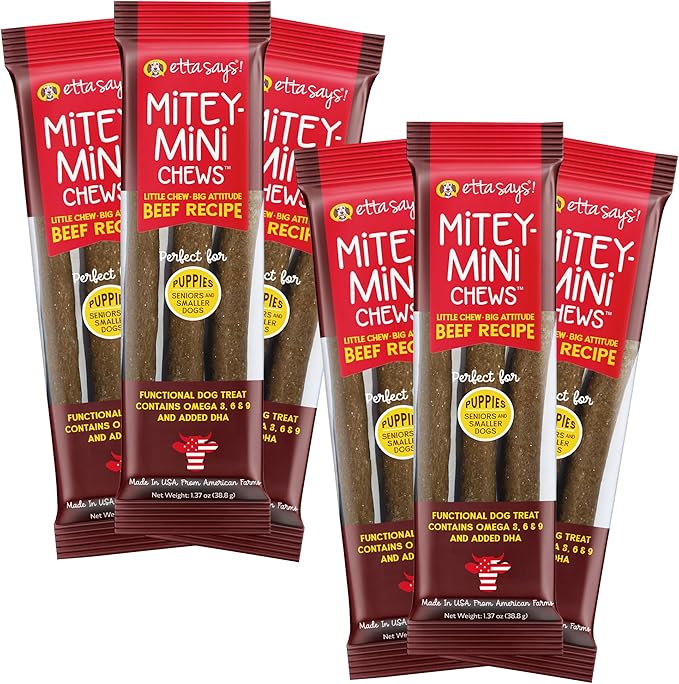 etta says! Mitey Mini Chews Dog Treats - Made in The USA - Grain-Free and Odor-Free - All-Natural Dog Chews - Perfect for Puppies and Senior Dogs - with Omega 3, 6, and 9 - Beef - 6 Pack - 18 Count