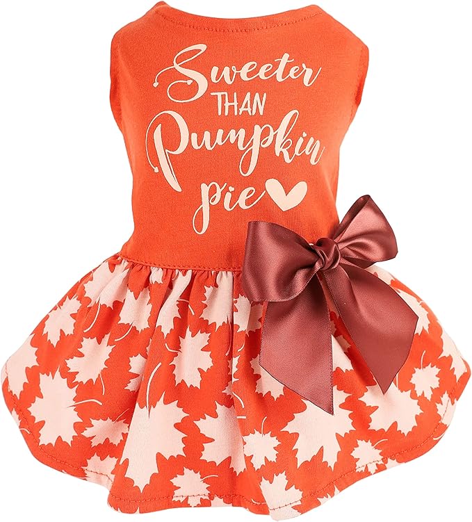 Fitwarm Thanksgiving Sweeter Than Pumpkin Pie Dog Dress 100% Cotton Puppy Costumes Pet Clothes Holiday Girl One-Piece Doggy Outfits Tank Top Vest Dresses Cat Apparel Orange Large