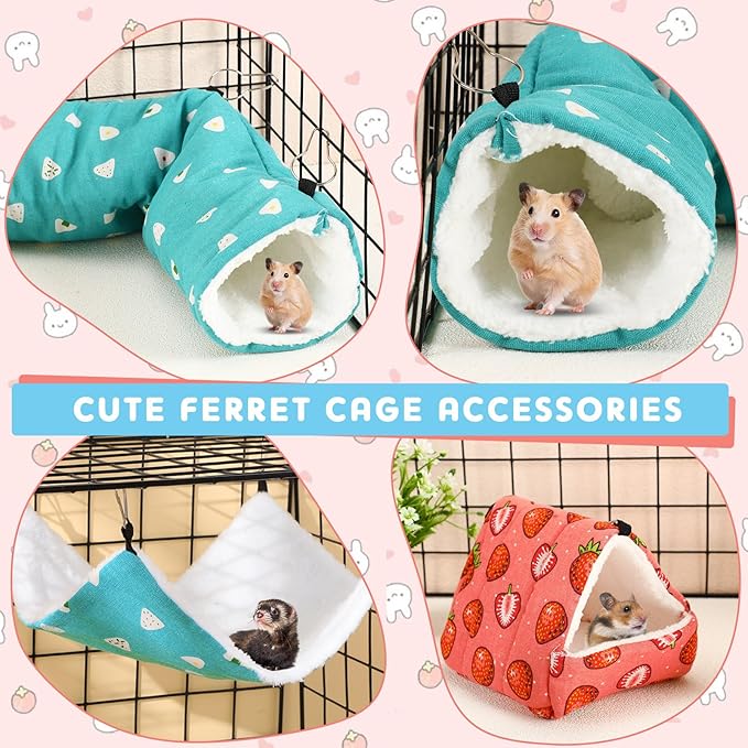 Abbylike 9 Pieces Rat Guinea Pig Hanging Hammock Ferret Cage Accessories Small Pet Hideout Tunnel Cave Hanging Hammock Hamster Toy Accessories for Ferret Hamster Chinchilla(Strawberry)