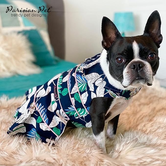 Parisian Pet Palm Dog Dress - 100% Cotton Summer Clothes for Large Dogs Girl - Tropical Leaf Pet Dress - Stylish Beach Dog Outfit - Lightweight Puppy Clothes - Green Dresses for Dogs