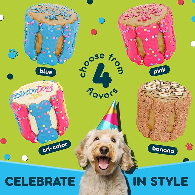Dog Birthday Cake - Rice Cake Dessert for Dogs, Made with Human Grade Ingredients - Happy Birthday Treat for Puppy (5"x5"x5", Pink)
