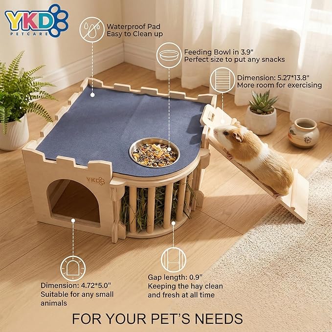 Large Guinea Pig Castle, Natural Wood Rabbit House with Ladder and Hay Feeder, Small Animal Hideout for Rabbit, Guinea Pig, Chinchilla, Hedgehog