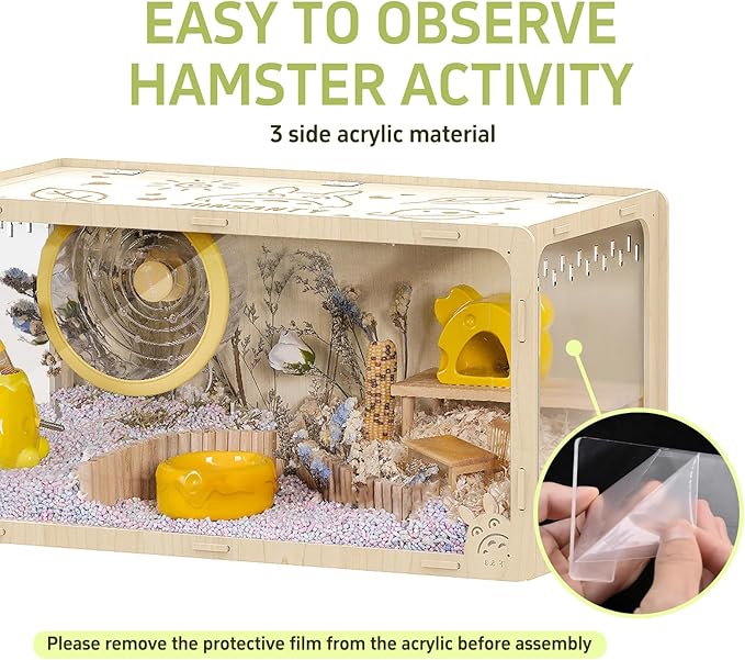 32 inch Wooden Hamster Cage, Large Habitat, Openable Top, Transparent Acrylic for Interior View, Ventilated, Easy to Clean, for Syrian Hamster, Dwarf Hamster, Gerbil, Other Small Pet Animals