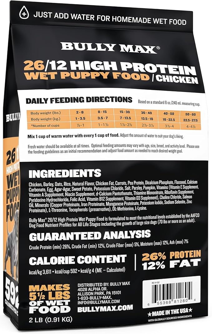 Bully Max Wet Puppy Food - Instant Fresh Dehydrated High Protein Soft Dog Food with Chicken - Healthy Growth for Small & Large Breed Puppies - 6 Dry Dog Food Pounds (Makes 16.5 lbs. of Wet Food)
