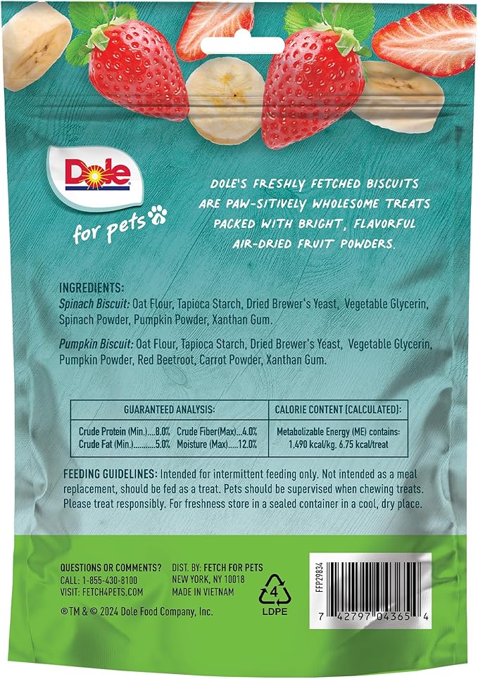 Dole for Pets Dog Biscuits Assorted Banana + Strawberry Mix, Real Fruit Flavor Vegan Crunchy Treats, No Wheat Corn Soy or Artificial Additives, Bite Size Training Snacks for Dogs, 7 Oz