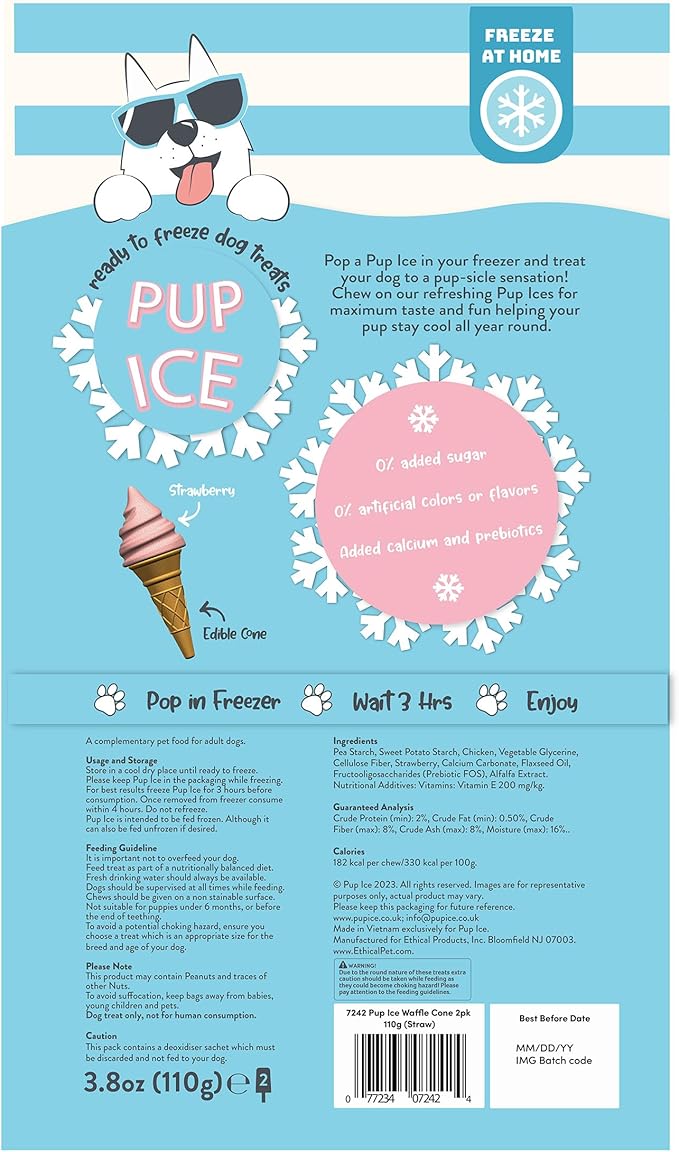 SPOT Pup Ice- Ready to Freeze at Home Dog Treats-Edible Chews for Medium Breed Dogs & Puppies with Real Chicken to Keep Your Pup Cool Year Round, Waffle Cone Strawberry Flavor, 2pcs