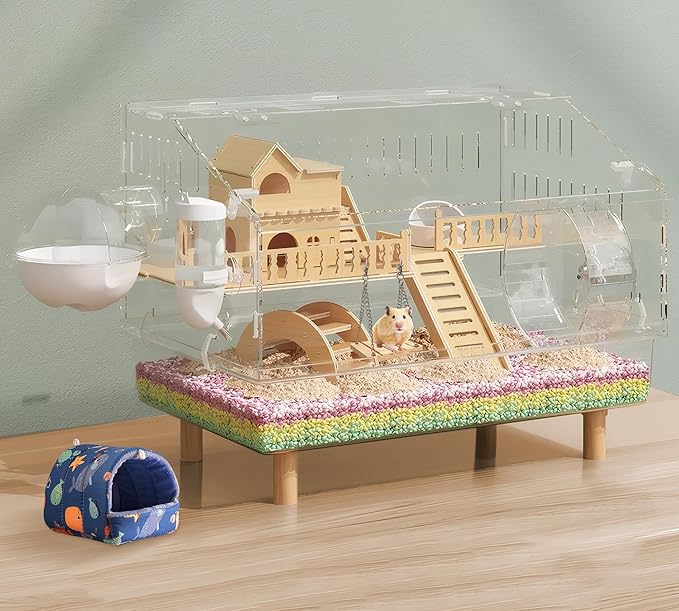 10-in-1 Acrylic Hamster Cage - Double Layer Fully Transparent Hamster Cages with All Accessories, Open Top Hamster House for Pet Mice, Dwarf Hamsters and Gerbils,18.50"x11.81"x14.56"