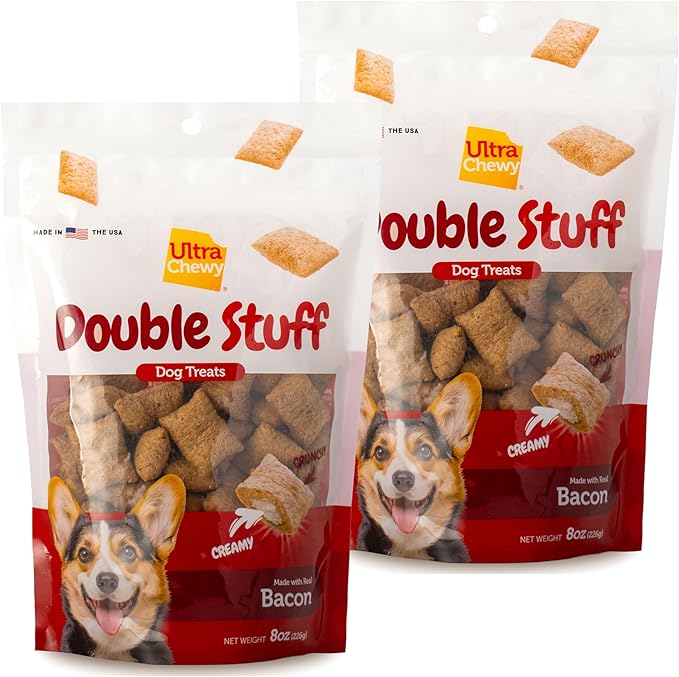 Ultra Chewy Double Stuff Bacon - Crunchy Dog Treats with Creamy Filling - Made in USA - Irresistible Flavor - Ideal for Medium/Large Dogs - 2 Packs