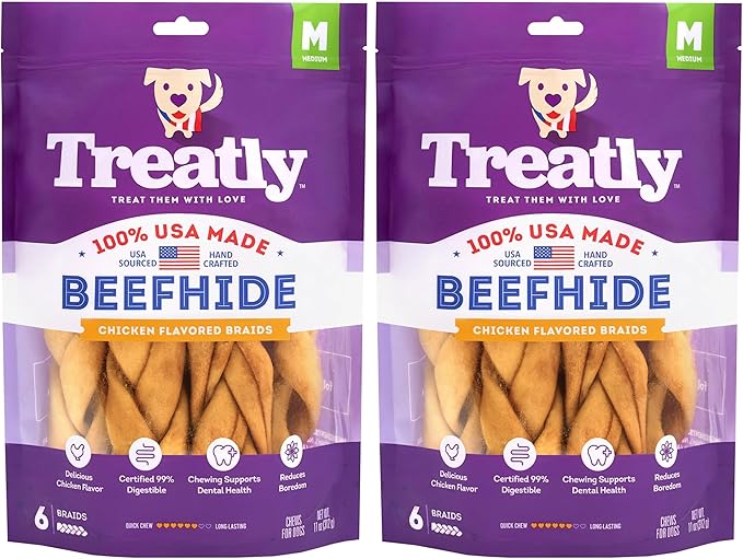 USA Beefhide Braids 7-8" Dog Chew Treats - Chicken Flavor, 6 Count/2 Pack
