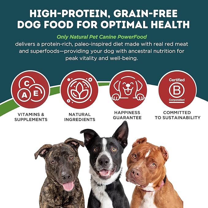 Only Natural Pet Dry Dog Food Canine PowerFood Formula - Paleo Inspired Formula with No Grain, Soy, Corn, Wheat or Oats - Red Meat Feast 20 lb Bag