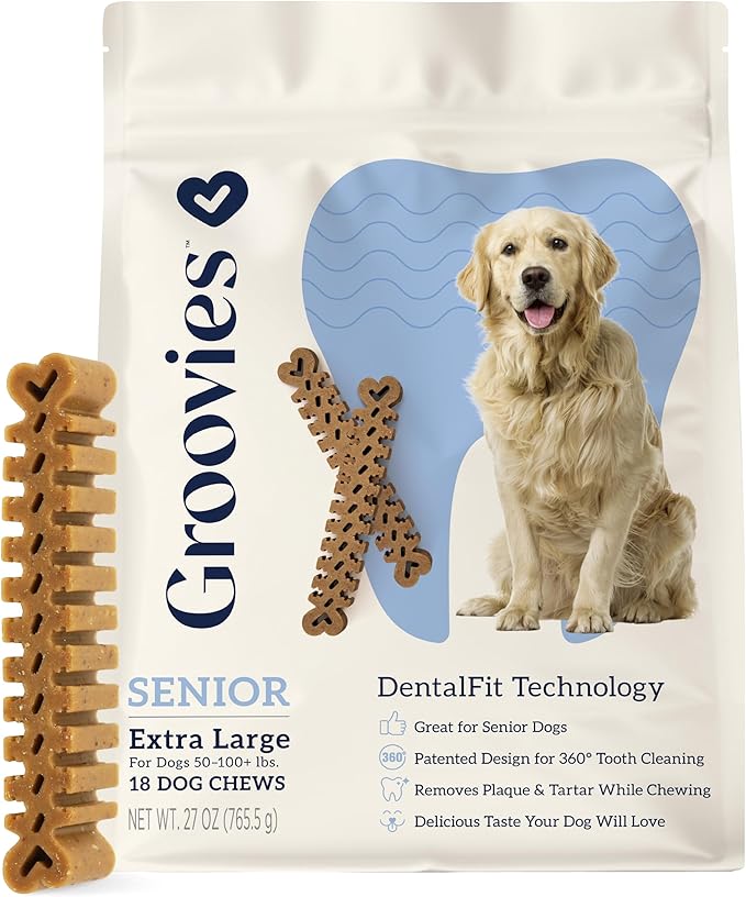 Groovies Senior Xlarge Dog Dental Chews for Dogs, Patented DentalFit Technology for Plaque & Tartar Support, Flexible Texture for Easy Chewing, Chicken Flavor, USA Manufactured,50–100 lb Dogs,18 Count