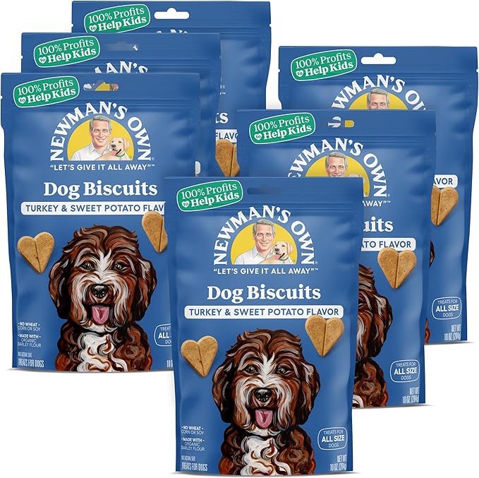 Newman's Own Turkey & Sweet Potato Dog Biscuits, 10 oz Bag (Pack of 6) — Oven Baked Crunchy Training Treats, Organic Ingredients, No Wheat Corn or Soy, Premium Quality Wholesome Dog Cookies