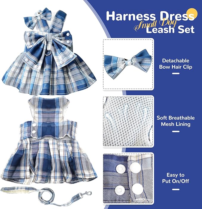 PETCARE Cute Dog Dress Clothes for Small Dogs Cats Girl Female Blue Plaid Bow Tie Dog Harness Dresses Leash Set with Pearls Bow Accessories Birthday Puppy Dress Shih Tzu Yorkies Chihuahua Outfits