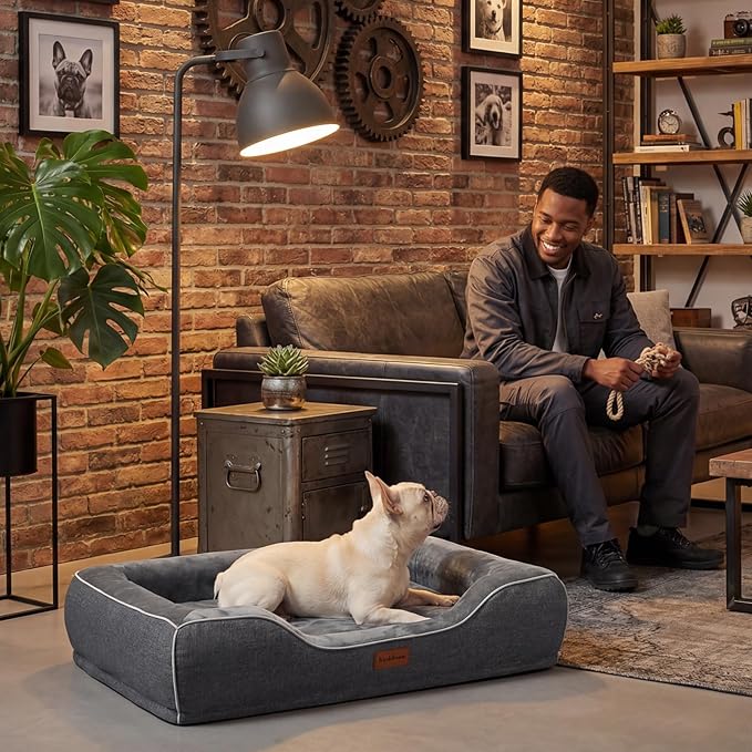 Memory Foam Dog Beds Medium Sized Dog with Removable Bolsters & Washable Cover,Orthopedic Pet Beds Eggshell Foam Infused with Cooling Gel Waterproof Relieves Joint Pain,28"x23"x6.5"Dark Grey