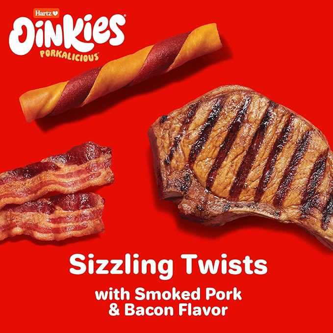Hartz Oinkies Sizzling Twists Bacon Flavored Rawhide-Free Natural Chew Dog Treats, 8 count