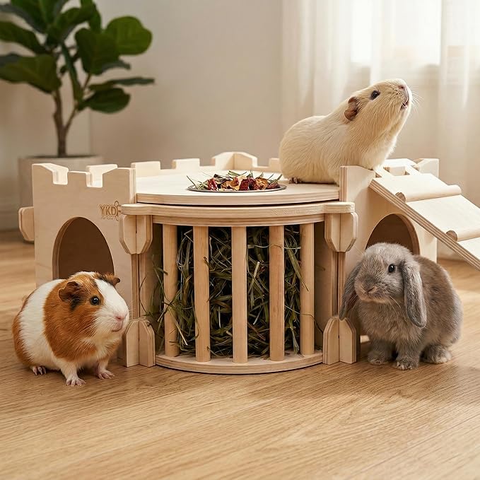 Large Guinea Pig Castle, Natural Wood Rabbit House with Ladder and Hay Feeder, Small Animal Hideout for Rabbit, Guinea Pig, Chinchilla, Hedgehog