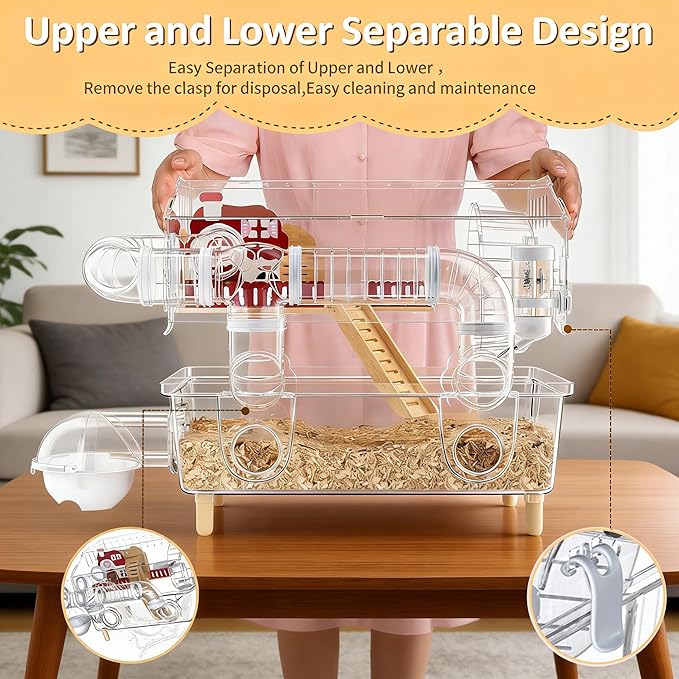 Acrylic Hamster Cage,8 in 1 Gerbil Cage with 360° Panoramic View,Top Open Mouse Cage with Tubes for Pet Mice,Dwarf Hamster,Gerbils (17.7"x13"x11.8")