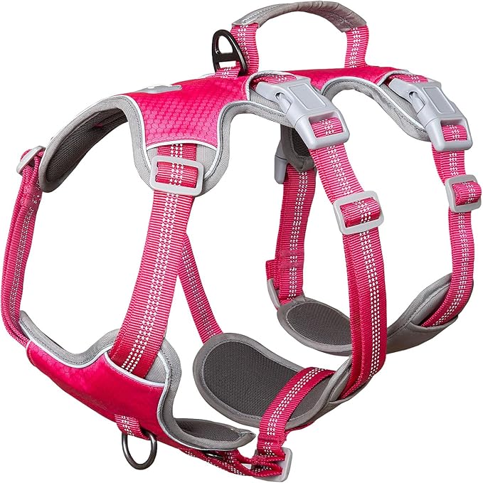 Huntboo Escape Proof Dog Harness, Escape Artist Harness, Reflective Harness with Padded Handle, Breathable, Durable, Adjustable Vest for Medium Dogs Walking, Training, and Running Gear (Rose red,XL)