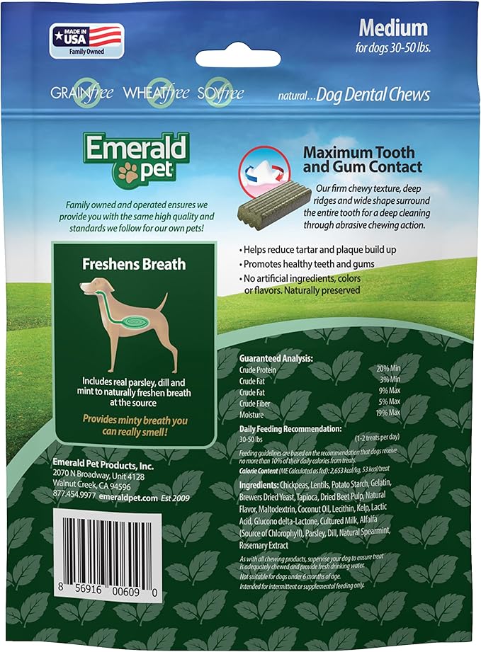 Emerald Pet Fresh Smileezz Grain Free Dog Dental Treats — Minty Fresh Breath and Clean Teeth for Medium Dog Breeds — Made in USA Medium, 12.5 Oz