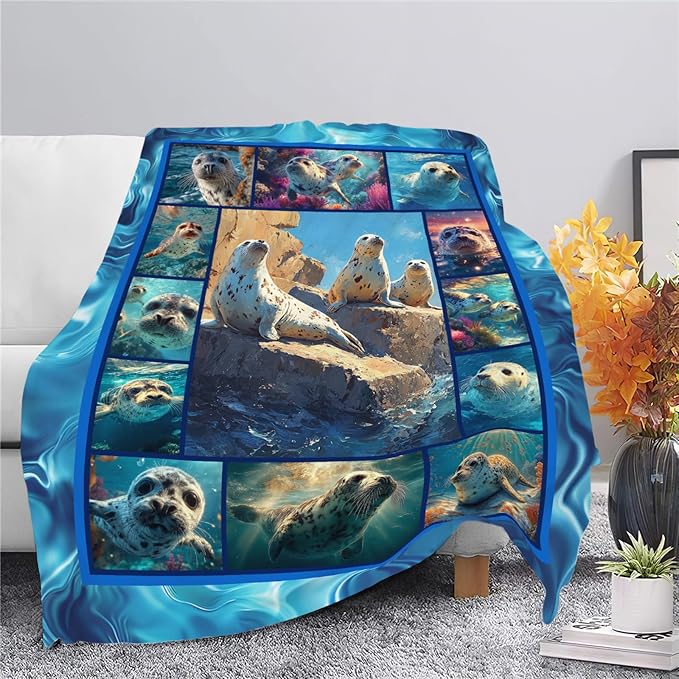 Seal Throw Blanket Ocean Seal Stuff Gifts for Kids Girls Boys Adults Women Men Soft Cozy Warm Plush Fluffy Fuzzy Fleece Blanket Decor 50''X60''