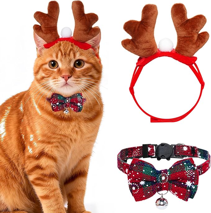 Cat Christmas Costume Reindeer Headband and Collar for Small Cat Dog Christmas Halloween Party Cosplay Supplies (Dark Green)
