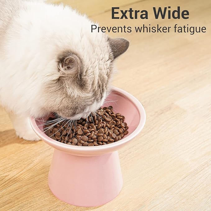 CEEFU Extra Wide Elevated Ceramic Cat Food Bowl - 6.2" Shallow Dish for Whisker Fatigue Relief, 5" Height for Easy Feeding, Lead & Cadmium Free, Durable Raised Cat Food Bowls, Pink