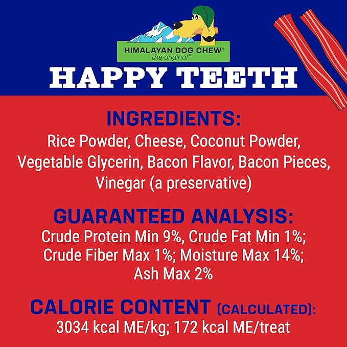 Himalayan Dog Chew Happy Teeth Yak Cheese, Soft Dog Chews, 100% Natural Soft Density Dental Treats, Gluten Free, Safe Treats for Oral Health, Lactose & Grain Free, Protein Rich, Bacon, 2 Count