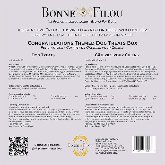 Bonne et Filou Congratulations Dog Treats, Gourmet Gift Box, 20 Luxury Human Grade Macarons, Truffles & Bone Cookies, Healthy Snacks for Medium to Large Dogs