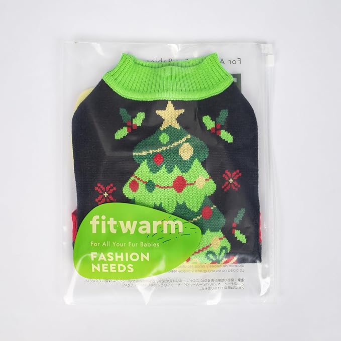 Fitwarm Christmas Tree Dog Sweater, Thermal Dog Winter Clothes for Small Dogs Boy Girl, Cozy Dog Christmas Outfit, Doggy Pullover Jumper, Holiday Pet Apparel, Black, Red, Green, Yellow, XXL