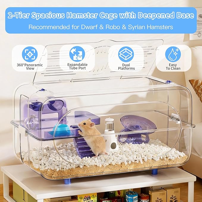 Large Hamster Cage Kit 24x13x14in for Syrian Hamster & Dwarf Hamster with 6″H Deepened Base, Large Platform, Exercise Wheel, 2 Hide-Houses, Water Bottle, Food Bowl, Ladder, Tube Port