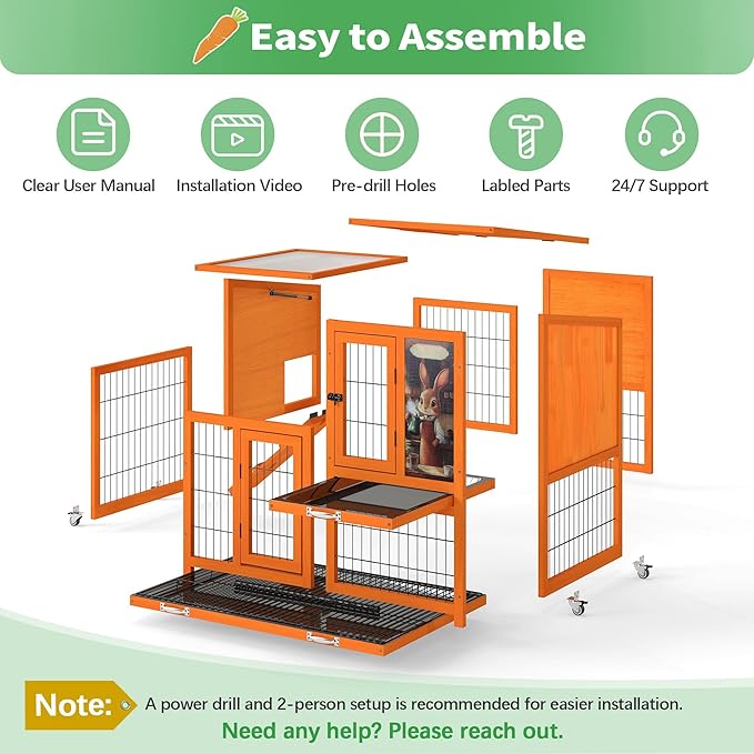 COZIWOW Rabbit Cage Indoor with Wire Bottom, 2-Level Large Wooden Bunny Hutch on Wheels Outdoor for Multiple Small Animals, Orange + Colorful Patterns