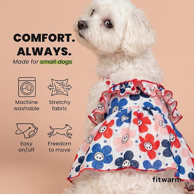 Fitwarm Patriotic Floral Smiley Face Dog Dress, 4th of July Outfit for Small Dogs Girl, Festive Pet Clothes, Red, White, Blue, Pink, XS