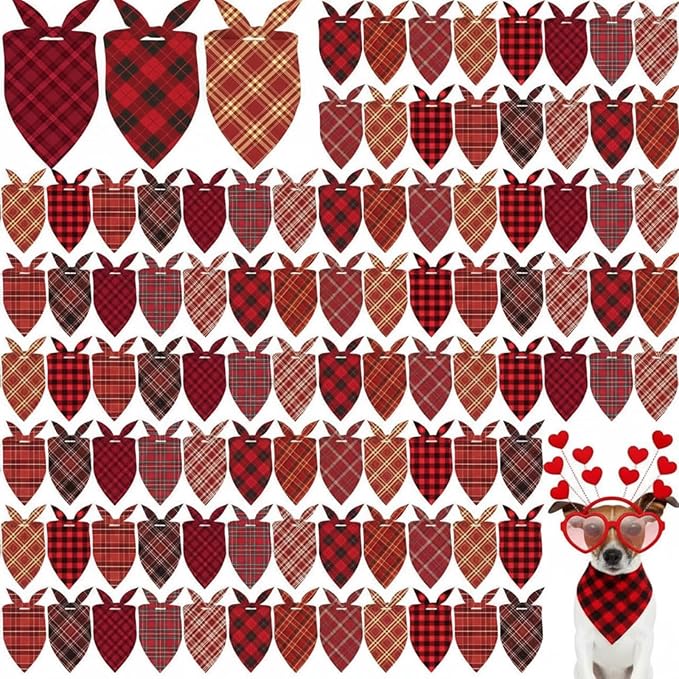 Shyyween 100 Pcs Valentine's Day Red Plaid Dog Bandanas Bulk for Dogs Soft Bibs Adjustable Triangle Bandana for Small Medium Large Pet Costume(25.6 x 17.7 x 17.7 Inch)