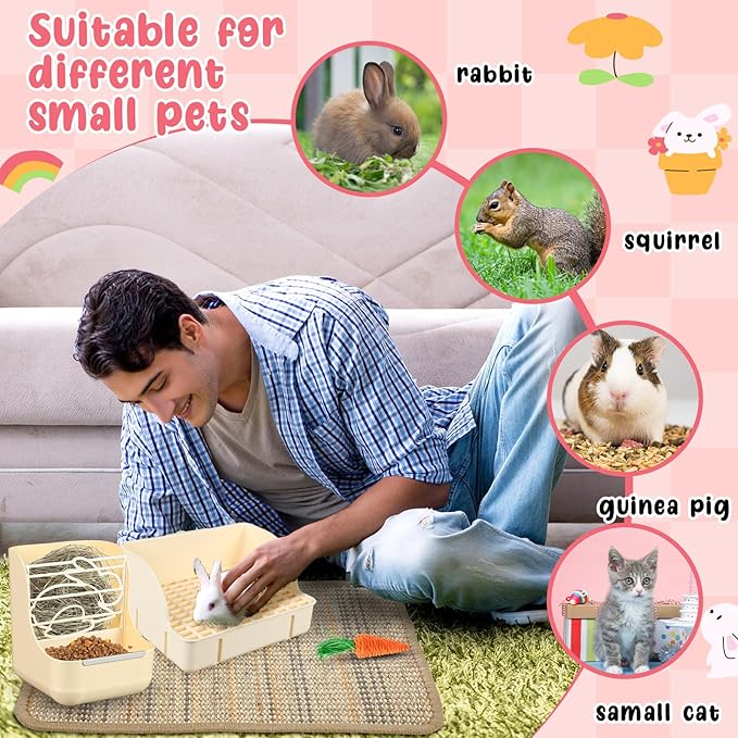 Honeydak 10 Pcs Rabbit Starter Kit Small Litter Box Bunny Grooming Kit Scratch Pads Hay Feeder Bowl Ice Pad with Bunny Toys for Guinea Pig Rabbit Accessories(Beige)