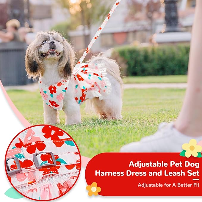 ABRRLO Dog Harness Dress Leash Set for Small Dog Summer Clothes Girl Female Puppy Cats Outfits Cute Floral Bowknot Princess Birthday Dress for Extra Small Pet Doggie Kitten Outfits Apparel(Red,L)
