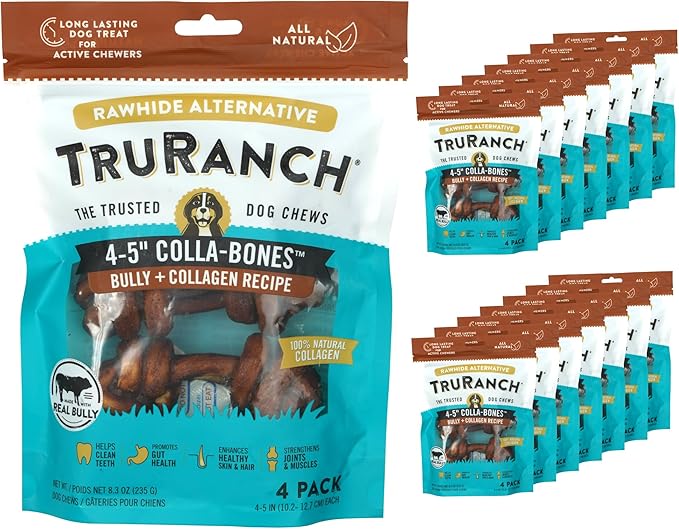TRURANCH 4-5" Collagen Bones, Bully - Collagen Dog Bones - Long Lasting Healthy Joint Support - Rawhide Alternative - Skin & Coat Health, Value Pack, 15 Bags, 60 Count