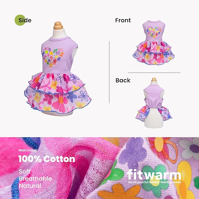 Fitwarm Floral Heart Dog Dress, Easter Outfit for Small Dogs Girl, Elegant Pet Clothes, Purple, XXS