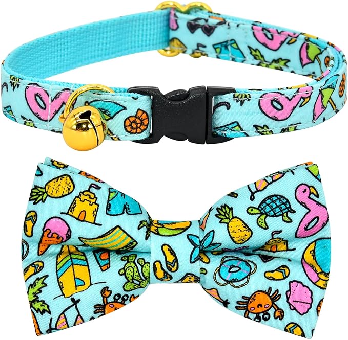 Cat Collar Bow Set, Blue Summer Holiday, Wedding/Birthday Breakaway Collar Bowtie for Kitten/Cat
