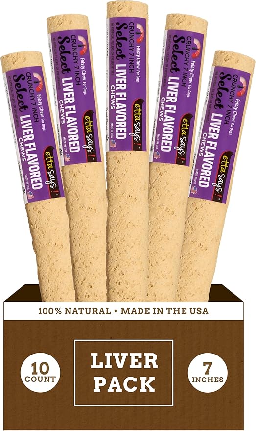 etta says! 7" Select Crunchy Dog Chews - Rawhide-Free Dog Treats - Made in the USA - Odor-Free, All-Natural Ingredients - for Moderate Chewers - Liver - 10 Pack