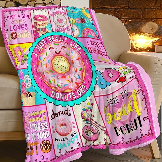 SweetFox Donut Blanket, Funny Cute Donut Decor Throw Blanket Gifts for Girls Boys Food Lovers Super Warm Soft Plush Fleece Lightweight Flannel Winter Bedding Blankets for Kids Adults Women 50"X40"