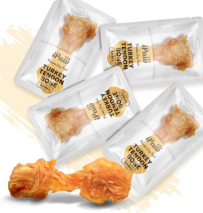 iPaw Turkey Tendon for Dogs, Single Protein, Hypoallergenic, All Natural Human Grade Puppy Chew, Rawhide Alternative Dog Treats, 4 Pcs/Pack Bone (Small)
