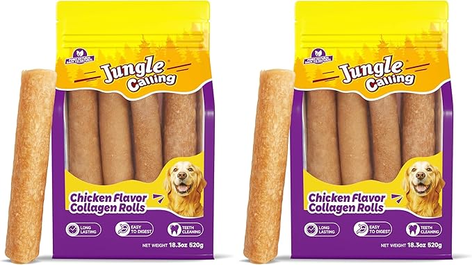 Jungle Calling Dog Treats, Collagen Rolls Dog Chew Treats, 7 Inch Long Lasting Rawhide Alternative Chicken Flavor Collagen Chews for Medium and Large Dogs, 18.3 oz (4 Counts) (Pack of 2)
