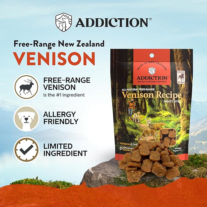 Addiction Meaty Bites - Hypoallergenic Dog Treats - Made in New Zealand - High Meat Content - Gluten and Grain-Free - Soft and Allergy Friendly (Venison, 4 Ounces - 3 Packs)