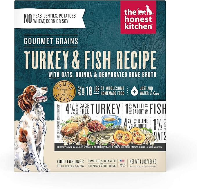 The Honest Kitchen Human Grade Dehydrated Dog Food, Gourmet Grains Turkey & White Fish Dog Food, 4 lb (makes 16lbs)