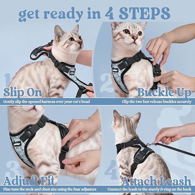 rabbitgoo Cat Harness and Leash for Walking, Escape Proof Soft Adjustable Vest Harnesses for Cats, Easy Control Breathable Reflective Strips Jacket, Doodle Gray,XXS