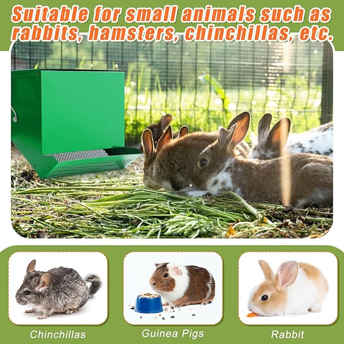 Maxcheck No-Waste Metal Rabbit Feeder for Cages, Large Hanging Food Dispenser with Mesh Bottom & Lid, Holds 5lb Feed for Several Days, Bunny & Small Pets