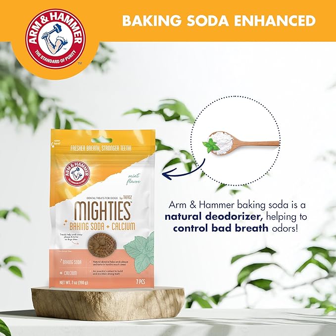 Arm & Hammer for Pets Mighties by TREADZ Dental Treats for Dogs with Baking Soda & Calcium, Help Fight Bad Breath, Plaque & Tartar, Mint, Tough Puffer Shaped, 7 Pcs (Packaging May Vary)
